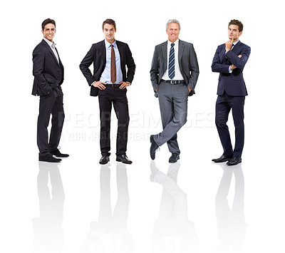 Buy stock photo Business man, corporate group portrait and career people with a suit together ready for work. White background, isolated and professional business team and full length standing men with mockup
