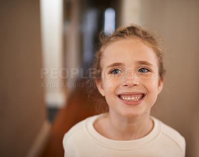 Buy stock photo Teeth, smile and child in home or girl with pride and happiness from health and wellness. Kid, relax and enjoy weekend in house with dental, healthcare or confidence on holiday or vacation in London