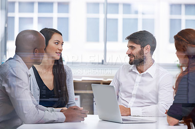 Buy stock photo Business people, boardroom and meeting teamwork for startup planning with tech b2b support, collaboration or problem solving. Men, women and laptop in office building for discussion, sales or deal