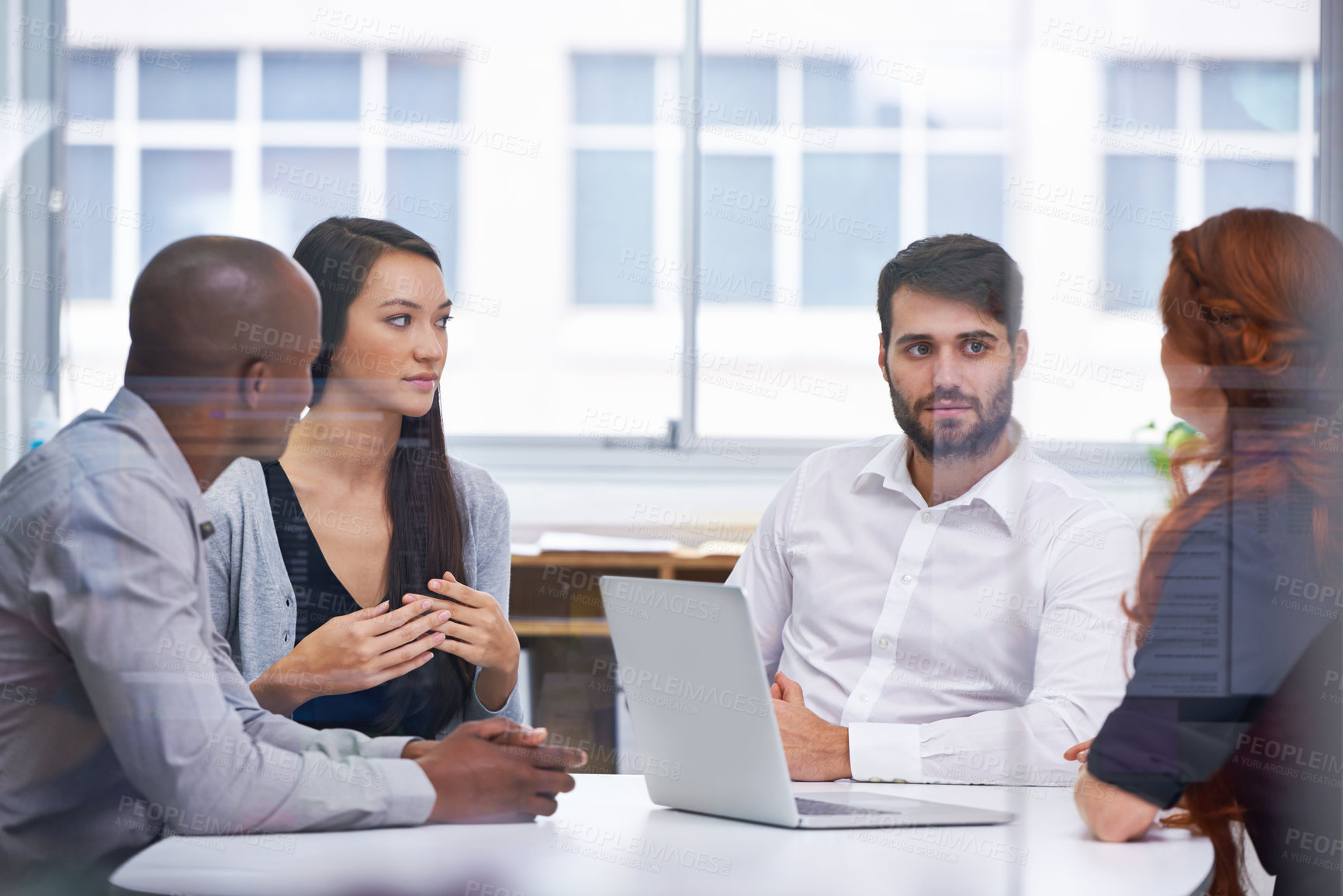 Buy stock photo Business people, conversation and boardroom meeting or startup teamwork for b2b collaboration, development or planning. Men, women and laptop in conference room as problem solving, decision or client