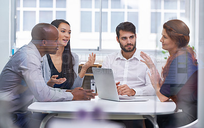 Buy stock photo Teamwork, business people and meeting in boardroom for collaboration, planning or review. Workplace, technology and diverse group of employees together for discussion, idea or strategy on project