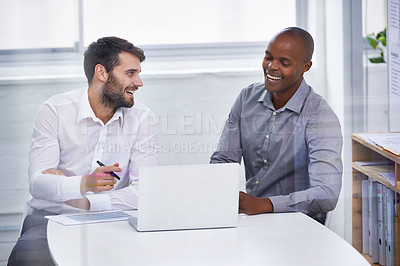 Buy stock photo Businessmen, laptop and teamwork meeting for online decision as collaboration or b2b partnership, brainstorming or project. Male people, paperwork and conference room for startup, review or report