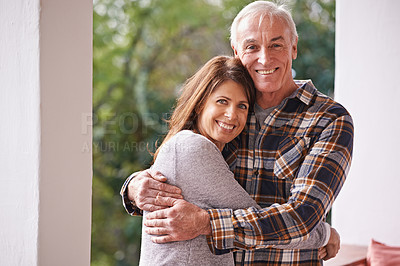 Buy stock photo Portrait, senior and man hug daughter with love, outdoor and patio of home, smile and happiness. Family, male person and woman embrace with care, girl and visit father in retirement and house