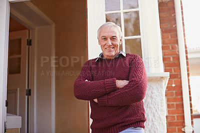 Buy stock photo Senior man, arms crossed and portrait on patio by front door to home in retirement, pride and smile. Elderly person, happy and outdoor with confidence by doorway to relax at house in Los Angeles