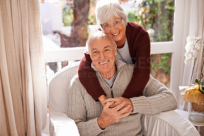 Buy stock photo Couple, senior and portrait with embrace, window and home for happy retirement. Mature man, woman and marriage with elderly, care and love for healthy relationship and romantic rest and relaxation