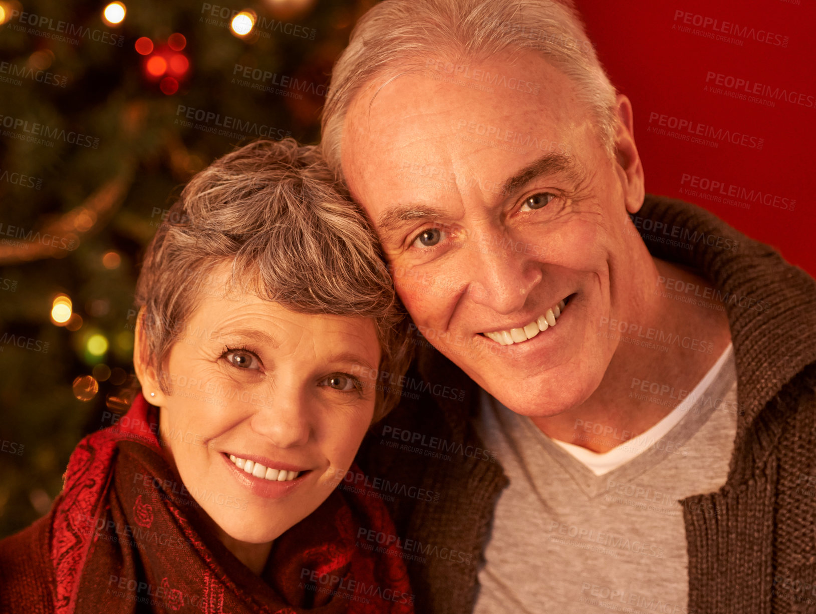 Buy stock photo Christmas, smile and portrait of senior couple, decorations and celebration with love and happiness. Grandparents, retirement or face on Christian holiday, affection or elderly man and wife in home