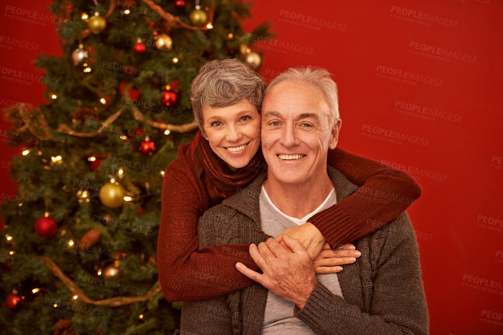 Buy stock photo A cropped portrait of a happy mature couple in front of a Christmas tree