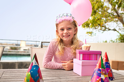 Buy stock photo A portrait of a cute little girl sitting with her presents on her birthday