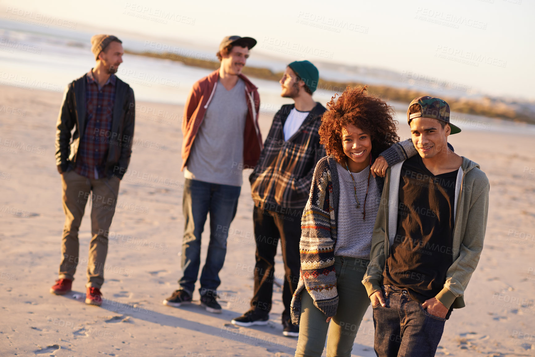 Buy stock photo Beach, sunset and portrait of friends in summer for bonding, adventure and holiday in California. Nature, sand and people by ocean for weekend travel, support or wellness trip at seaside together