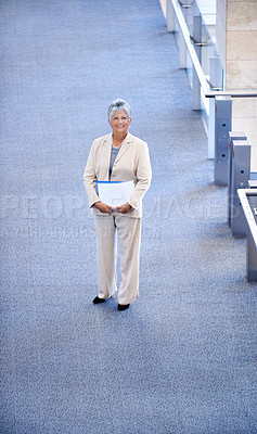 Buy stock photo Happy, senior and portrait of woman in office for business, professional or project manager. Executive, top view and female person in workplace for confidence, pride or leader in corporate company