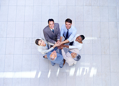 Buy stock photo Hands, portrait and business people with smile in circle for support, solidarity and workplace motivation. Employee, diversity and team with gesture for partnership, trust and  inspiration from above