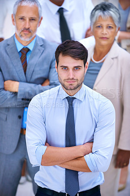 Buy stock photo Portrait, leadership and business people with confident man, pride and solidarity in startup career. Community, professional men and women together in office for group, arms crossed and teamwork