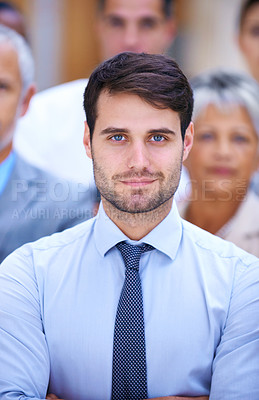 Buy stock photo Portrait, management and business people with leader, confidence or group solidarity in startup career. Community, face of professional men and women together in office for teamwork, pride and trust