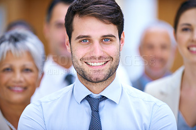 Buy stock photo Portrait, leadership and business people with happy manager, confidence or solidarity in startup career. Community, face of professional men and women together in office for teamwork, pride and smile