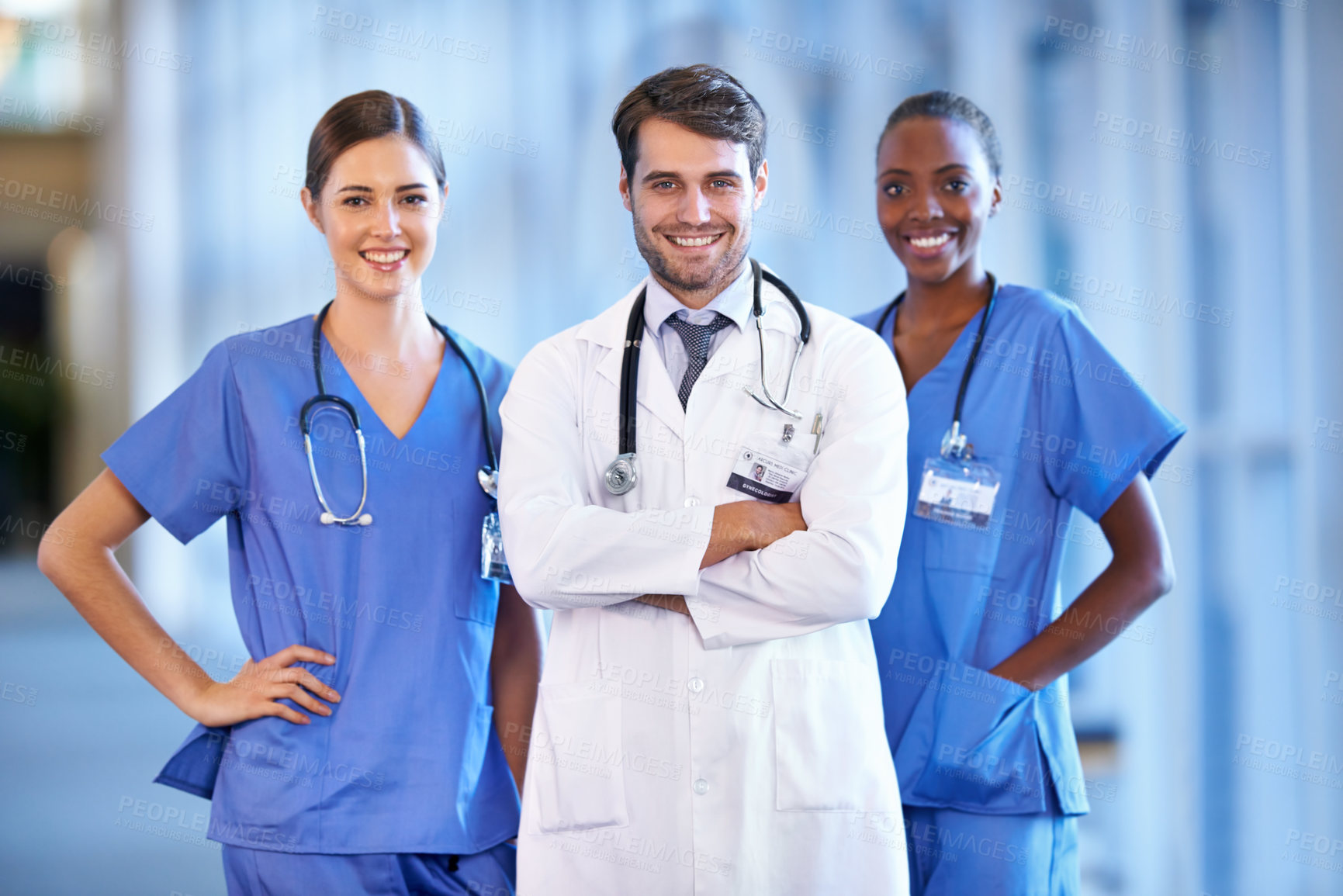 Buy stock photo Portrait, leader and happy medical group in hospital for healthcare service in clinic. Confidence, doctor and face of diverse team of nurses in collaboration, cooperation or people with arms crossed