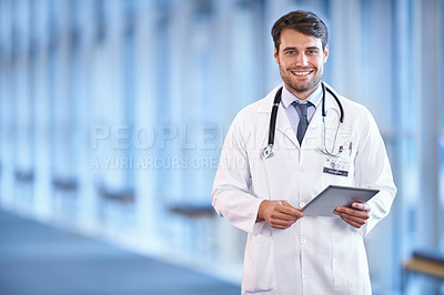 Buy stock photo Portrait, healthcare and tablet with a doctor man standing in a hospital corridor for research or insurance. Medical, trust and technology with a male medicine professional in a clinic for health