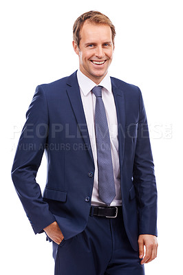 Buy stock photo Leadership, management and portrait of businessman with smile in suit with confident smile isolated on white background. Business, happiness and corporate startup ceo with hand in pocket in studio.