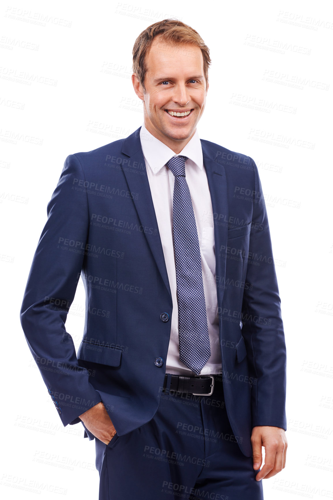 Buy stock photo Leadership, management and portrait of businessman with smile in suit with confident smile isolated on white background. Business, happiness and corporate startup ceo with hand in pocket in studio.