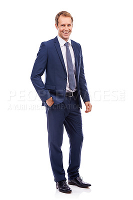 Buy stock photo Portrait, leadership and business man in studio isolated on a white background mock up. Ceo, boss and happy, proud and confident male entrepreneur from Canada with vision, mission and success mindset