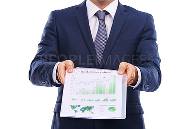 Buy stock photo Business man show document graph in studio mockup on sustainable growth, data analytics or finance stats. Portfolio or paper of profit, revenue and green, corporate chart isolated on white background