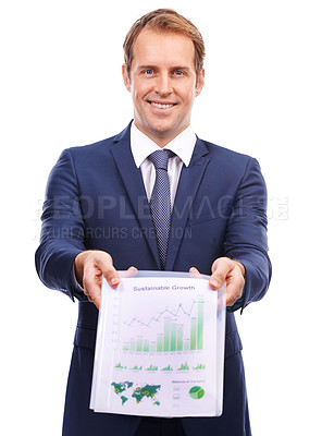Buy stock photo Business man show document chart in studio mockup on sustainable growth, data analytics or finance stats. Portrait of  employee giving portfolio or presentation on profit isolated on white background