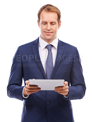 Buy stock photo Businessman, tablet and working in social media, networking or online marketing against a white studio background. Isolated CEO man holding touchscreen for market advertising, internet or trading