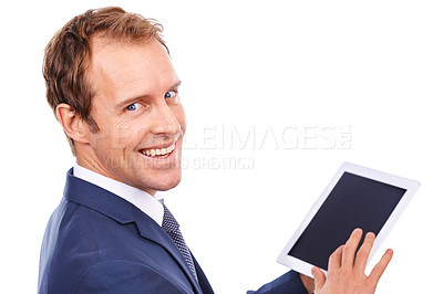 Buy stock photo Digital tablet, portrait and businessman in studio networking on social media or the internet. Technology, communication and corporate male model with touchscreen device isolated by white background.