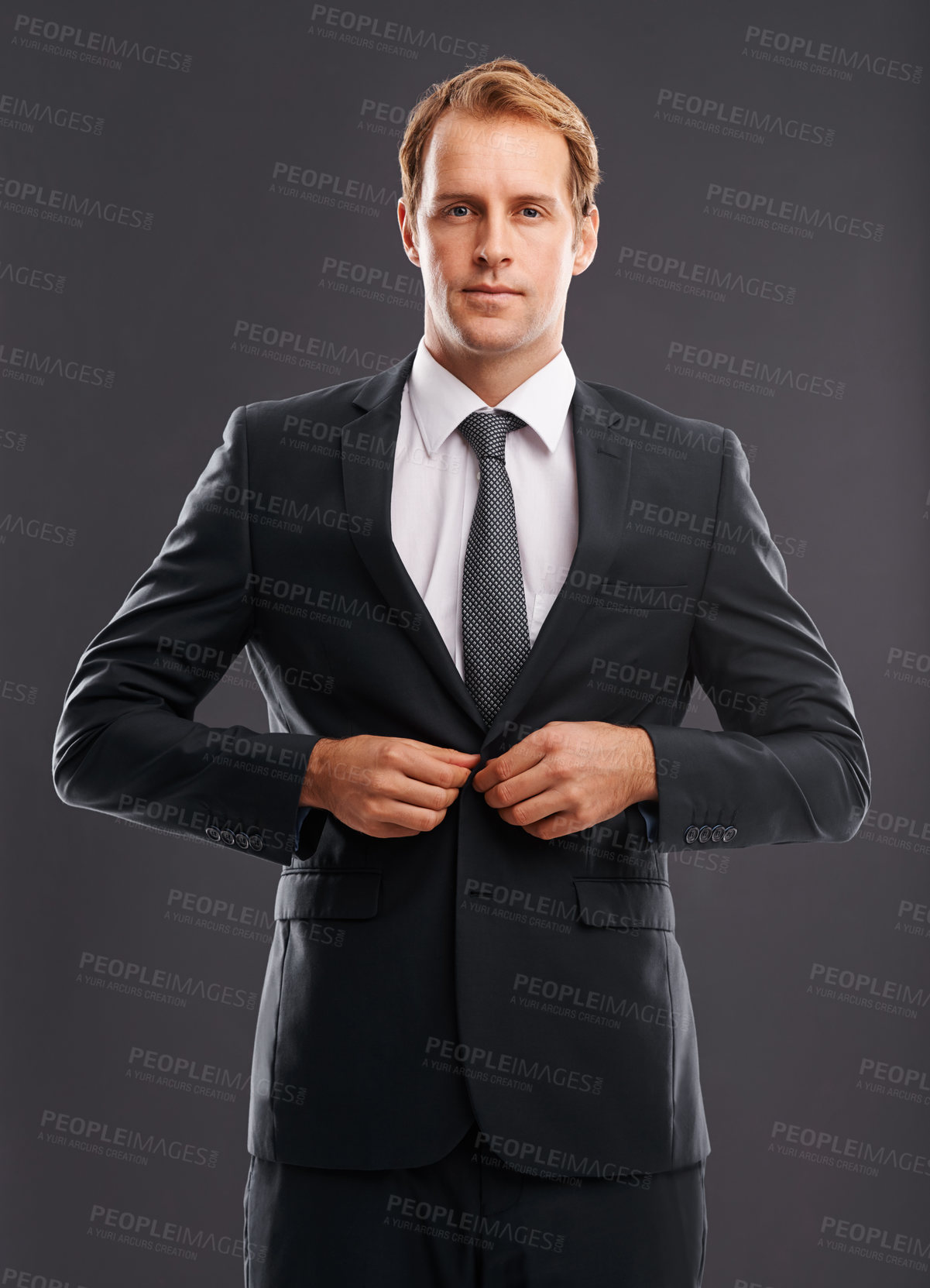 Buy stock photo Corporate ceo and portrait of man in suit for professional and elegant businessman style with confidence. Formal executive and confident caucasian worker fashion at isolated grey background.

