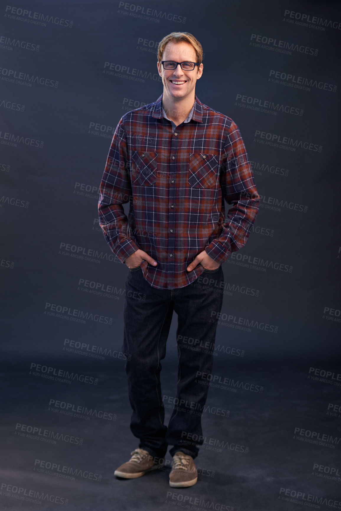 Buy stock photo Happy, nerd and portrait of man in studio with fashion and pride in style on dark background. Confident, geek and casual hipster person with glasses smile in mockup space to relax with happiness