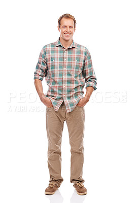 Buy stock photo Happy man, portrait and fashion with confidence for style on a white studio background. Full body of handsome young male person or model with smile, hands in pocket or casual clothing on mockup space