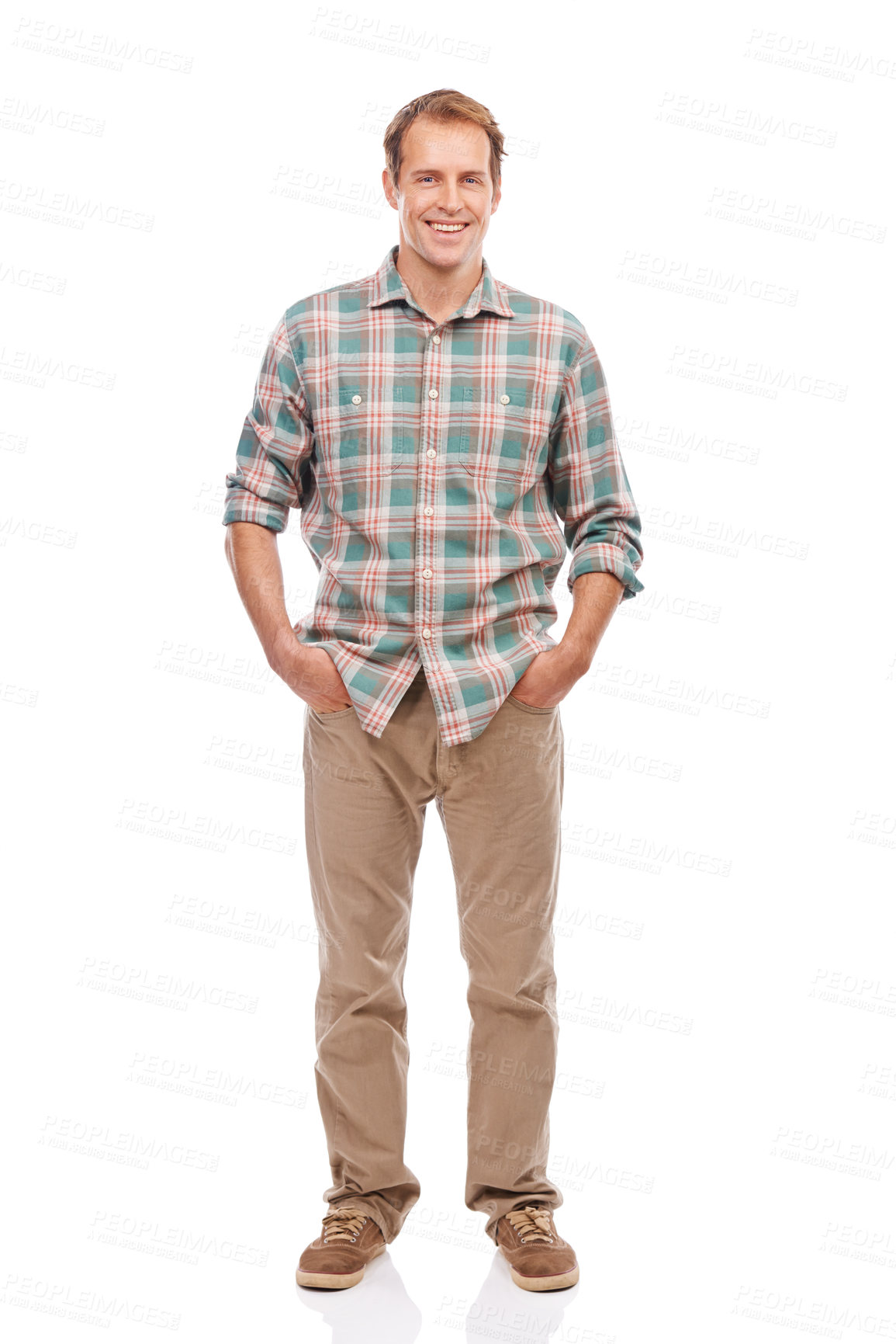 Buy stock photo Happy man, portrait and fashion with confidence for style on a white studio background. Full body of handsome young male person or model with smile, hands in pocket or casual clothing on mockup space