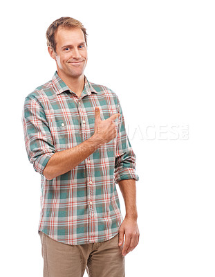 Buy stock photo Portrait of a handsome young man gesturing thumbs up against a white background