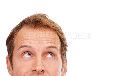 Buy stock photo Cropped, face and man is thinking for solution or ideas with problem solving, planning and decision on white background. Question, brainstorming and inspiration, insight for future and mockup space