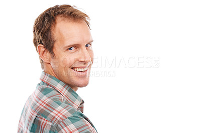 Buy stock photo Happy, portrait and creative man in studio with confidence or pride in business on mockup space. Professional, art director and person in development of project working on white background with smile