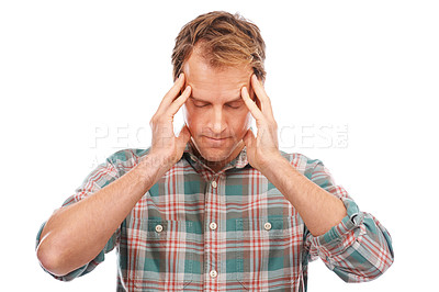 Buy stock photo Headache, man and pain with burnout, stress and guy isolated on white studio background. Person, mockup space and model with a migraine or medical issue with health problem, touching temple or crisis