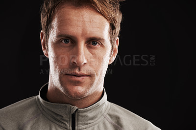 Buy stock photo Space, portrait or runner in studio for fitness, running workout or exercise for health wellness. Black background, athlete and face of sports man ready to start training with confidence or mock up