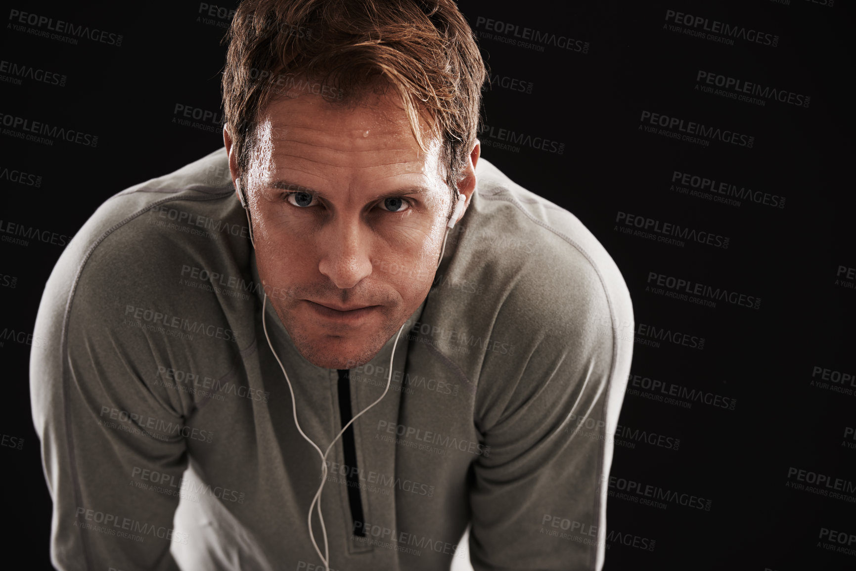 Buy stock photo Portrait, tired and man with fitness, breathing and healthy athlete on a dark studio background. Face, person and model with wellness and exhausted with burnout and fatigue with exercise and workout