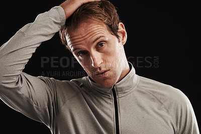 Buy stock photo Portrait, tired and man with fitness, fatigue and healthy athlete on a dark studio background. Face, person and model with confidence and exhausted with burnout and breathing with exercise or workout