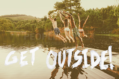 Buy stock photo Friends, lake and jumping with summer swimming on vacation or text overlay, holiday or weekend. People, group and carefree outdoor in Australia together or teenage travel adventure, nature or back