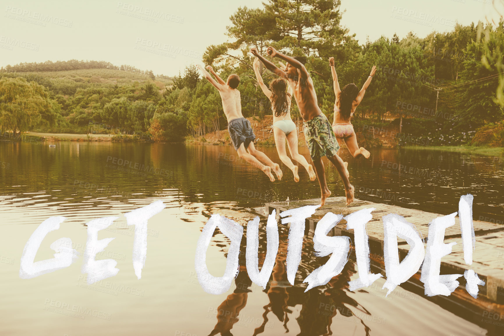 Buy stock photo Friends, lake and jumping with summer swimming on vacation or text overlay, holiday or weekend. People, group and carefree outdoor in Australia together or teenage travel adventure, nature or back