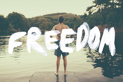 Buy stock photo Teenager, lake and pier view of water or swimming holiday in forest for summer vacation, outdoor or back. Male person, jetty and freedom text overlay or relax sunshine in Australia, swimwear or calm