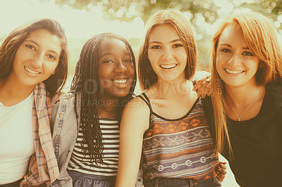 Buy stock photo Women, friends and portrait smile in park for summer holiday for bonding connection, wellness or adventure. Female people, face and happiness in environment for weekend resting, garden or sunshine