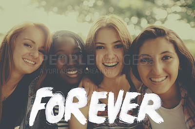 Buy stock photo Face, teens and girl with smile in outdoor for break or vacation, bonding and fun in California. Closeup, diverse group and friends with text or overlay for happiness on school holiday and together

