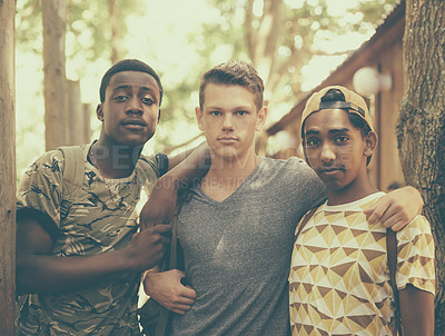 Buy stock photo Boys, friends and forest for hike or adventure to relax with camping, bonding and summer holiday in California. Portrait,  diverse group and teen in hug together with vacation and break for fun 