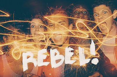 Buy stock photo Text, happy or portrait of friends with neon fireworks, bright light or cool modern color design at night. Rebel, youth culture or excited teenagers in a party for holiday or new year celebration