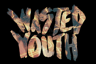 Buy stock photo Text, people or group of friends with neon fireworks, bright light or cool modern graffiti design at night. Wasted, youth culture or cut out of teenagers in a party celebration on black background
