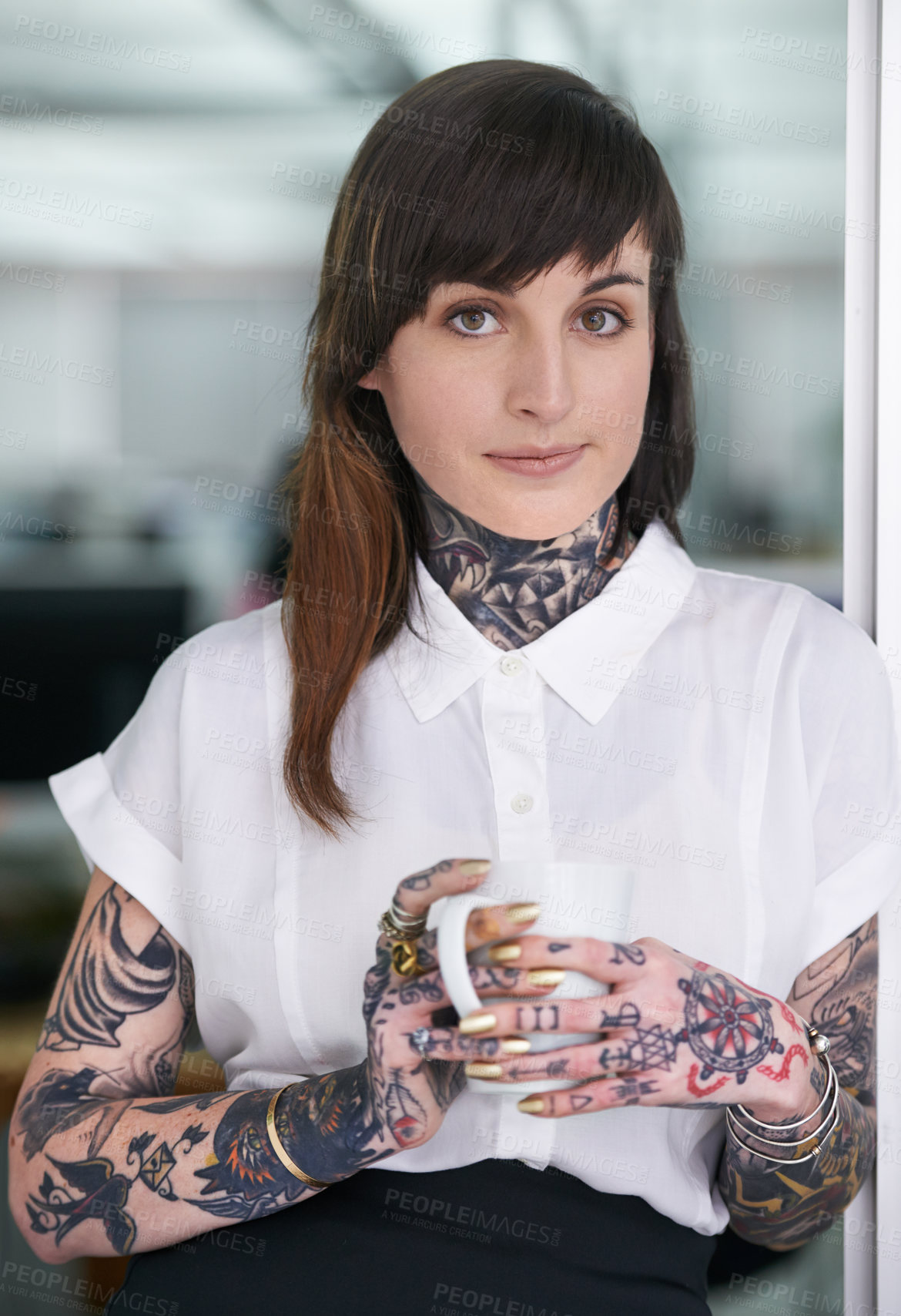 Buy stock photo Tattoos, coffee and portrait of business woman in office with positive, pride and confident attitude. Grunge, smile and edgy female creative designer with ink skin standing in modern workplace.