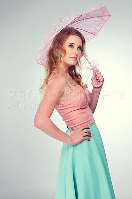 Buy stock photo Thinking, fashion and beauty with woman in vintage aesthetic in studio background with creativity. Happy, style and girl with ideas for clothes in mockup space with retro makeup for unique character