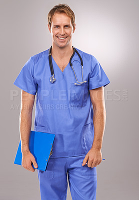 Buy stock photo Clipboard, doctor and portrait of man in studio for medical research, insurance and report for hospital. Healthcare, clinic and worker with documents for consulting and planning on gray background