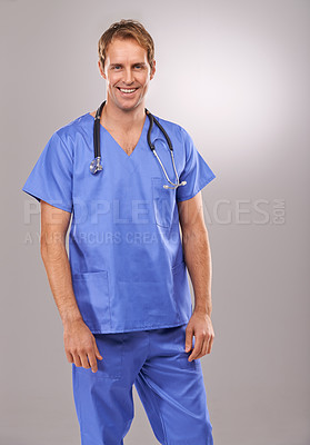 Buy stock photo Man, nurse and portrait in studio, medical expert and specialist on gray background. Happy male person, cardiologist and proud of choice or decision on medicare, trustworthy physician and health